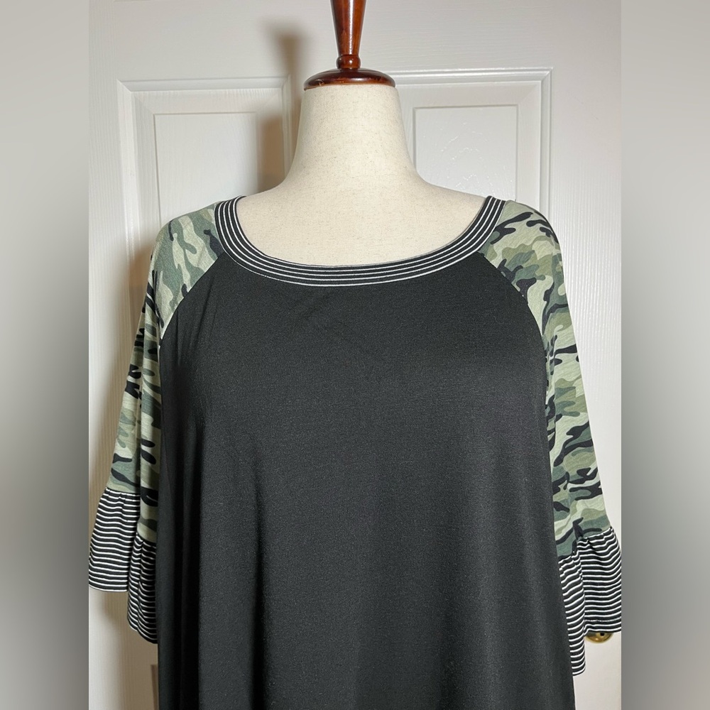 BloomChic Black Tunic Top w/ Camo Raglan Sleeves & Striped Ruffle Hem - Picture 2 of 9